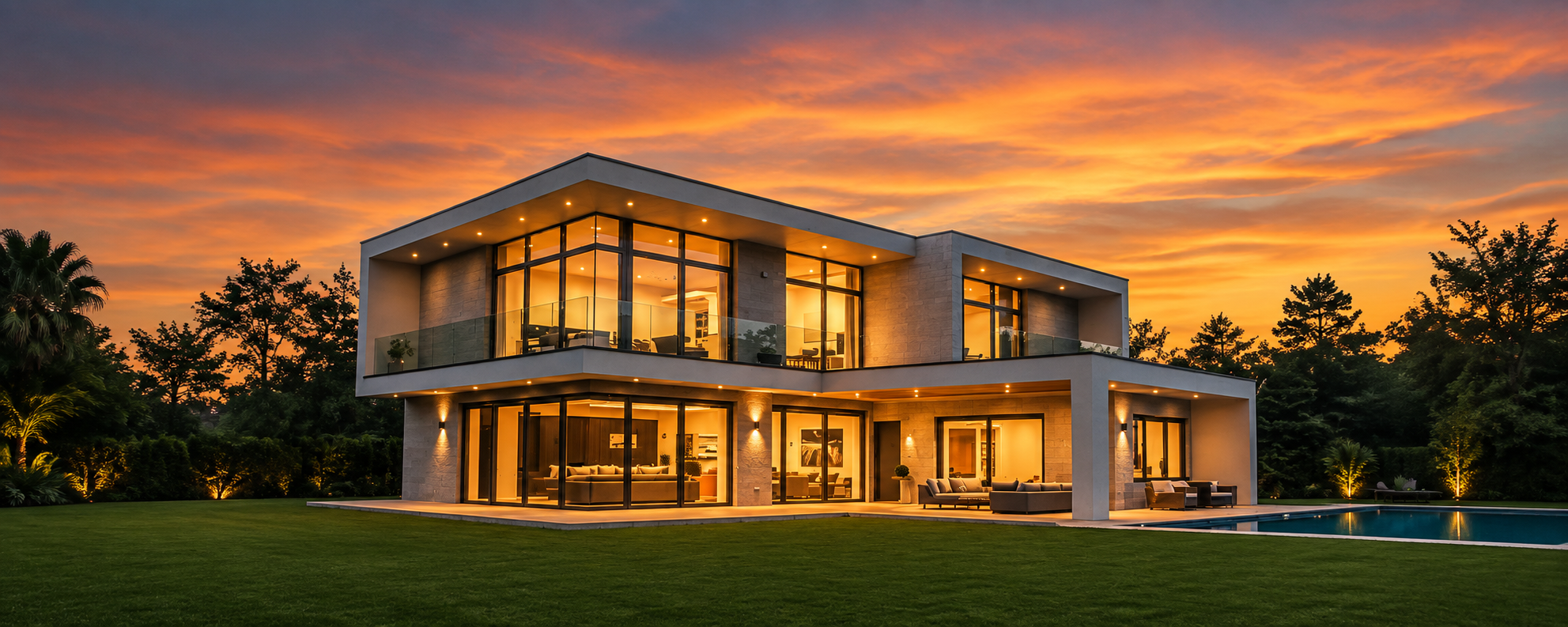 فيلا معمارية فاخرة وقت الغروب — عقار property